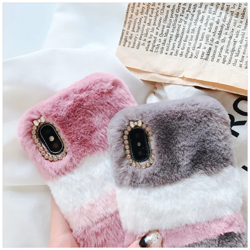 Fluffy Colour Rabbit Fur Case for Huawei honor mate P30 20 10 9 8 lite plus pro Play NOVA 4 3 i plus Diamond Soft Silicon cover