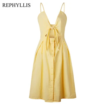 

REPHYLLIS Sexy Party Beach Vocation Club Dress Women Bow Knot V Neck Sleeveless Backless Fashion Strap Midi Sexy Summer Dress