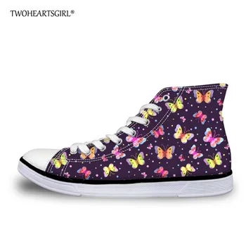 

Twoheartsgirl Purple Butterfly Print Canvas Shoes for Women High Top Female Ladies Vulcanize Shoes Comfortable Floral Sneakers