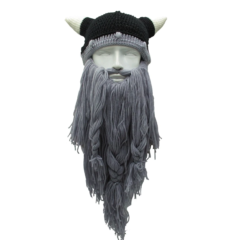 Baratos Hombre divertido Vikingos Ox Cuerno Hecha A Mano de Punto Gorros Sombreros De Punto Barba hombres Sombreros de Invierno Casquillos Calientes Mujeres Regalo de la Máscara Del Partido de Cosplay Cap