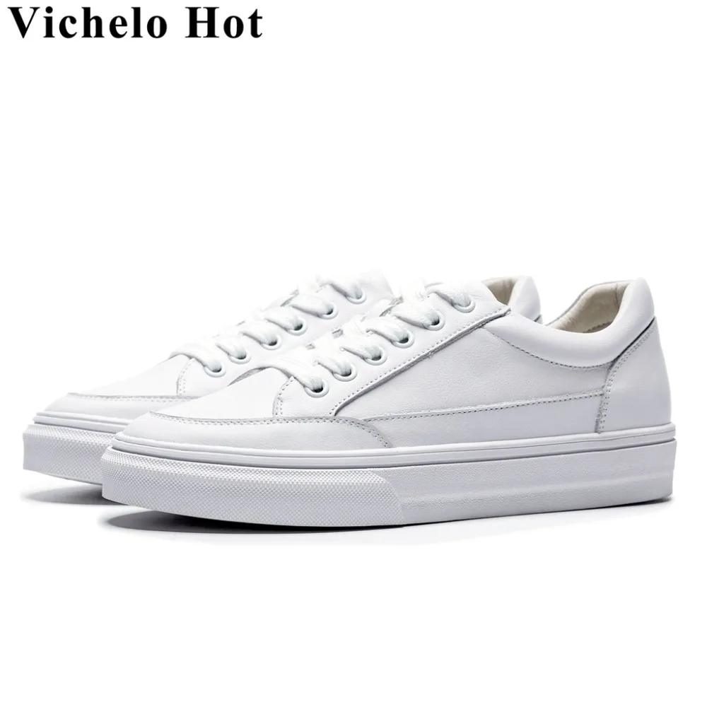 

Vichelo Hot full grain leather round toe lace up classic white sneakers low bottom flat platform daily wear vulcanized shoes L08