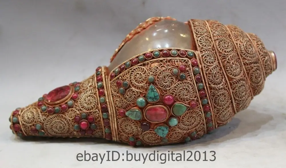 

11 China Buddhism crude crystal gem Silver Handwork inlay ruby with beryl Conch