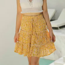 Для женщин летние юбки Для женщин s рюшами плиссированное платье с цветочным принтом и короткими Юбка в стиле бохо Женский Высокая талия шифон пляж мини-юбка