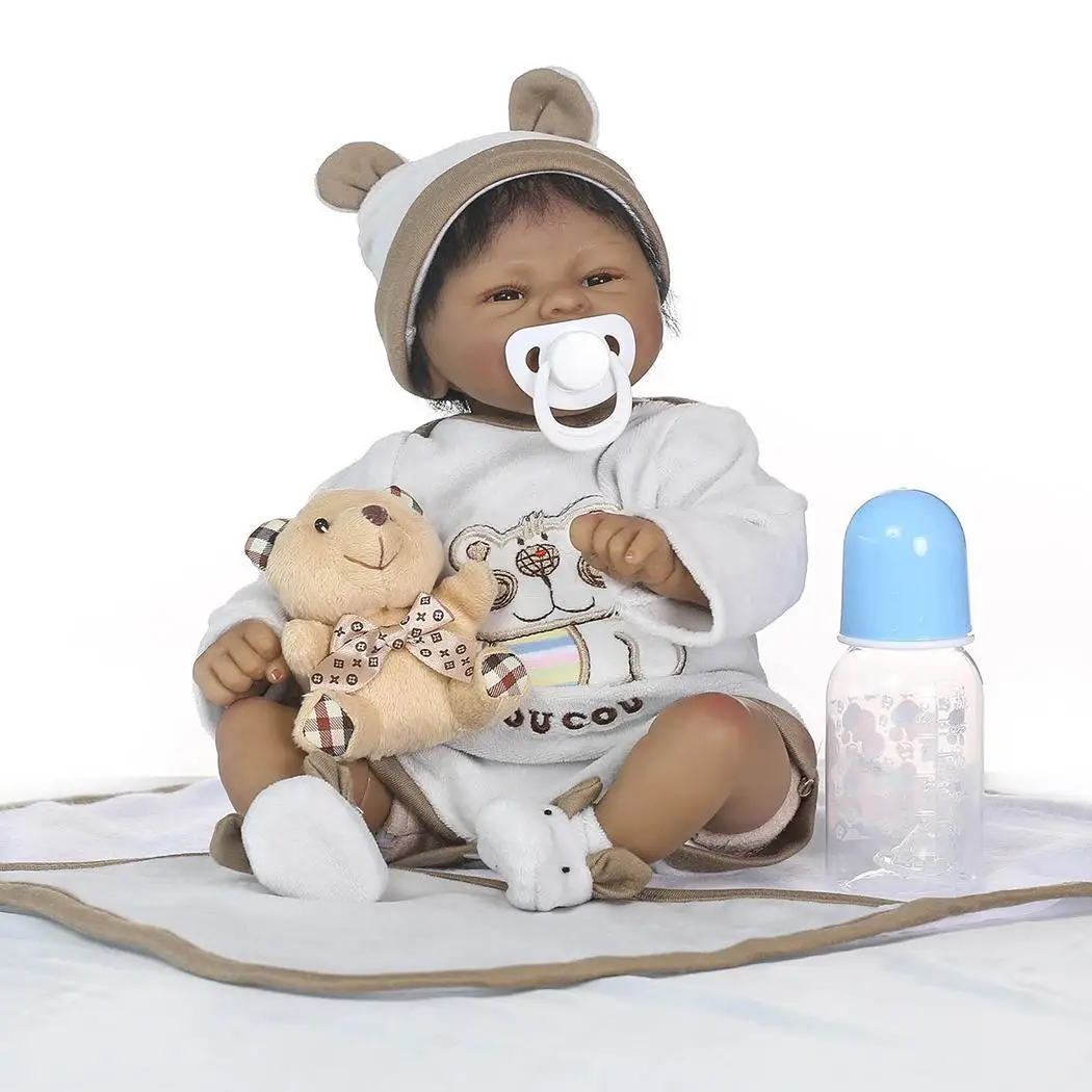 

NPK 40cm full body silicone reborn baby dolls black skin boy with bear doll simulation kids gift bebe alive bonecas reborn