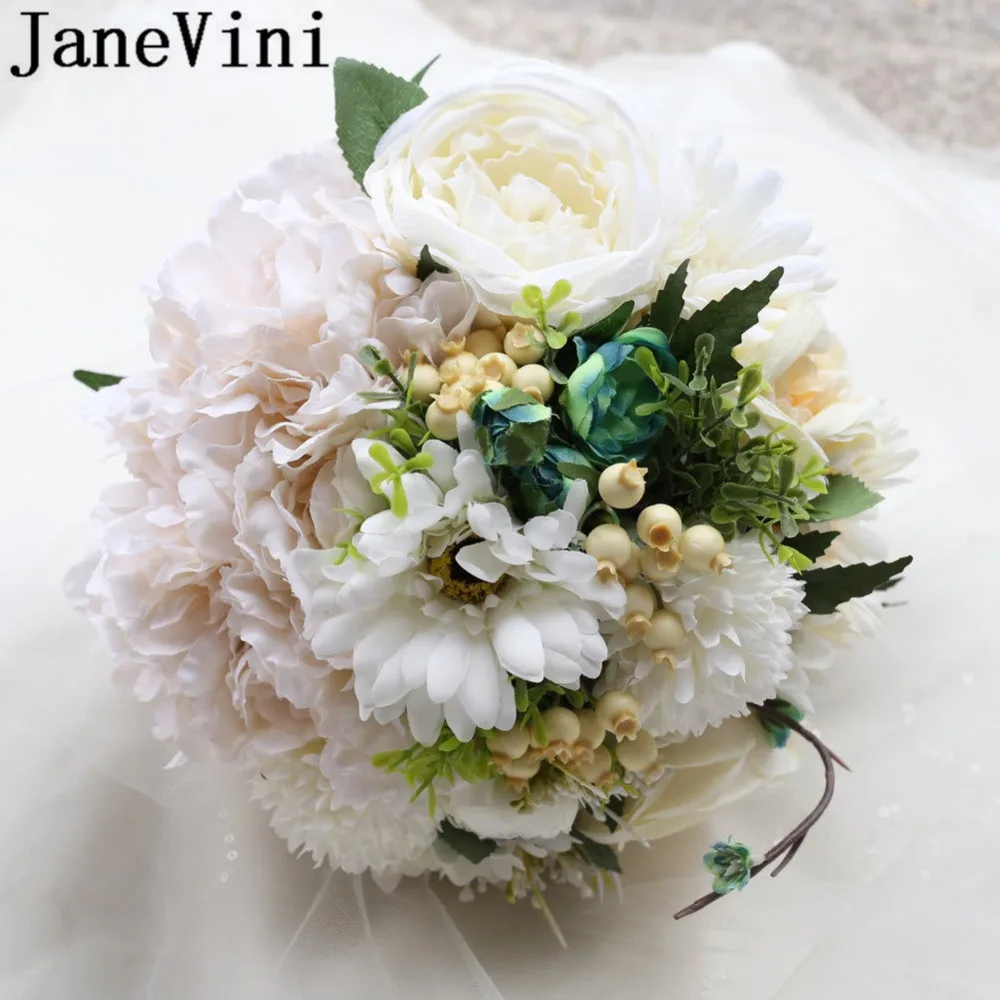 JaneVini белый цветок свадебные букеты серебряные Стразы ручной работы Свадебный букет невесты Искусственный Пион Mariage аксессуары
