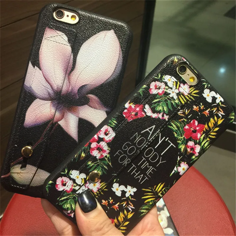 

Wristband Floral Phone Case Silicone Back Hand Strap Stand for Apple iPhone 6 6S / 7/8 Plus Case for iPhone X Back Cover