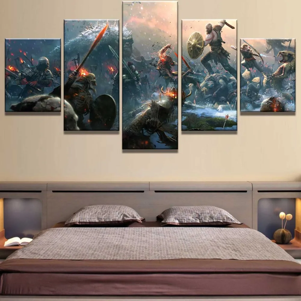 

5 Piece HD Print Large God Of War Game Poster Cuadros Landscape Canvas Wall Art Home Decor For Living Room Canvas Painting