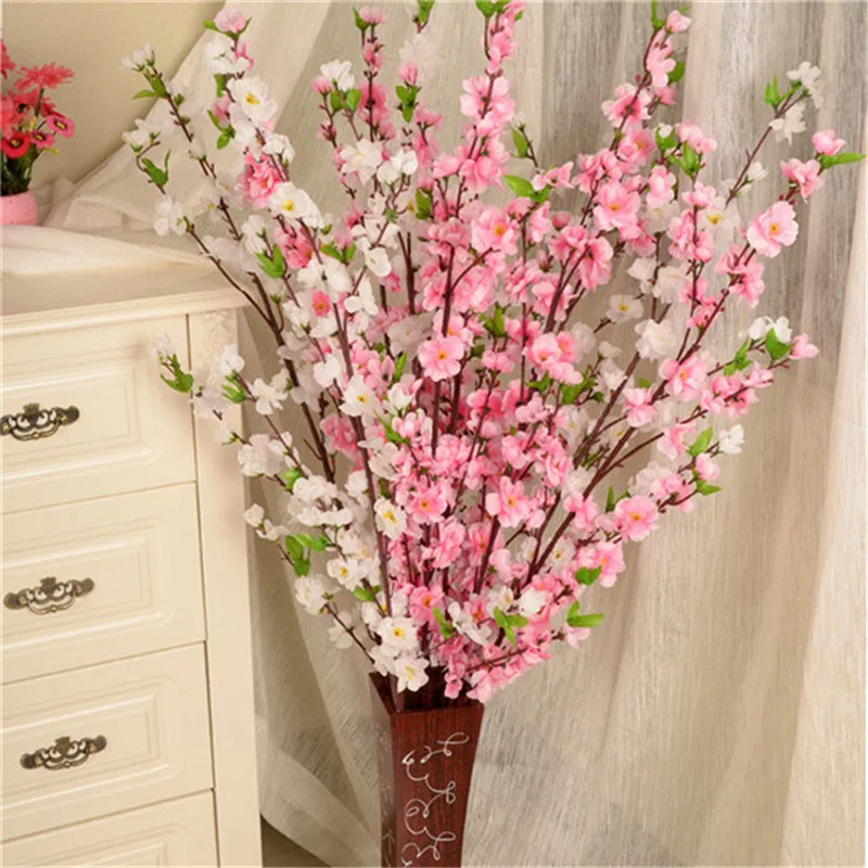 

2019 Artificial Cherry Spring Plum Peach Blossom Branch Silk Flower Home Wedding Decorative Flowers Plastic Peach Bouquet 65CM