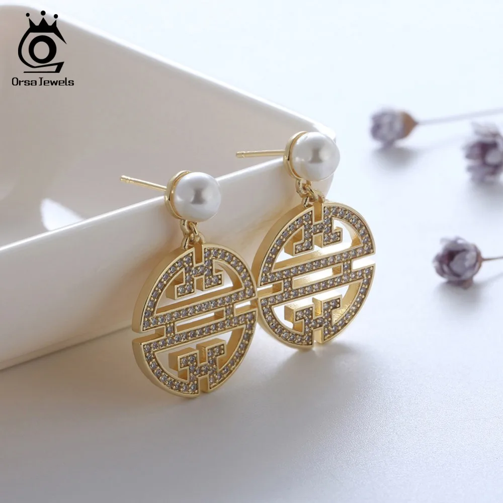 ORSA JEWELS оригинальные серьги с настоящий жемчуг AAA блестящие CZ китайские традиционные Цветочные со стеклом узор женские серьги подарок OE196