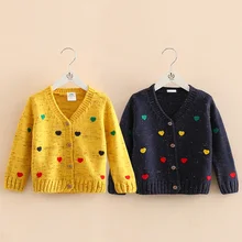 Kids Heart-shaped Sweater Outerwear&Coats 2016 Fall Winter Kroean New Baby Girls Knitting Open Stitch Pretty Children’s Clothing