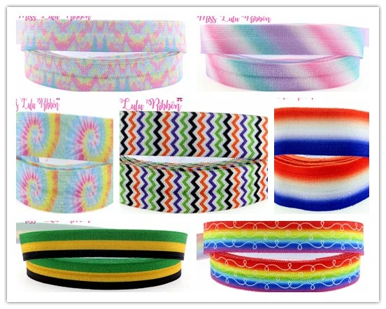 

5/8"16mm rainbow gradient and stripe printed fold over elastic ribbon handmade hair bows party decoration gift wrap 50 yards
