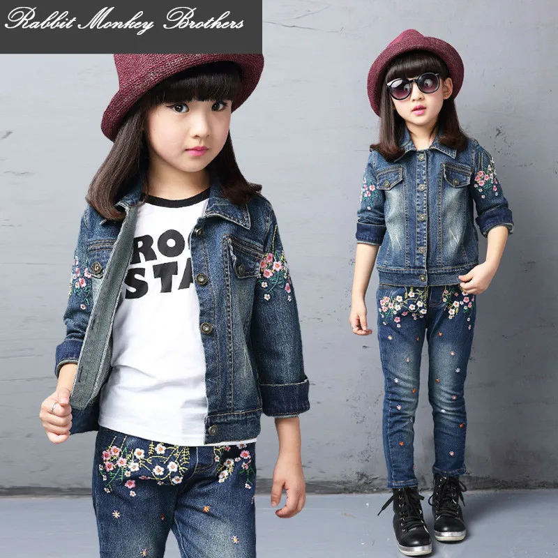 Spring fall Style Girls flower children clothing set Denim jacket + Jean pant 2 piece set For