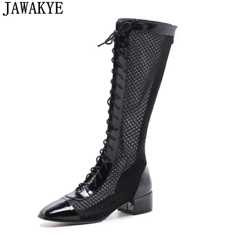 

Air mesh ankle boots for women middle heels black sandals runway stlye cross tied long boots 2018 Summer shoes zapatos mujer