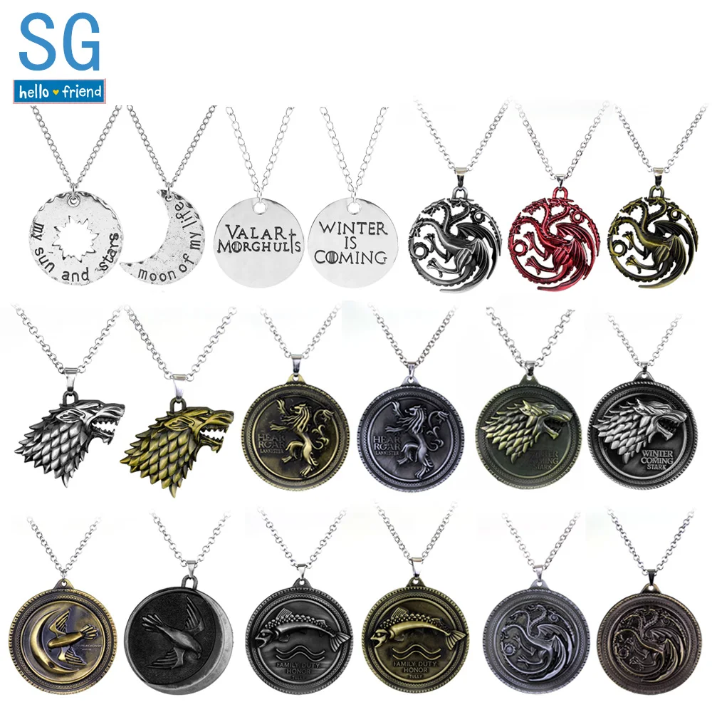

SG Game of Thrones Necklace Family Wolf Head Stark Lion Dragon Lannister Targaryen Arryn Sun Moon Lover Collares Men Car Keyring