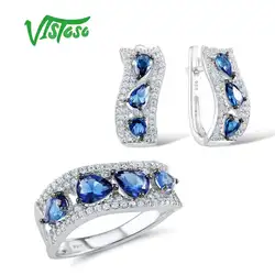 Vistoso Ювелирные наборы для женщин сине-белые ювелирные изделия из циркона комплект серьги кольца 925 пробы серебро Мода Fine Jewelry