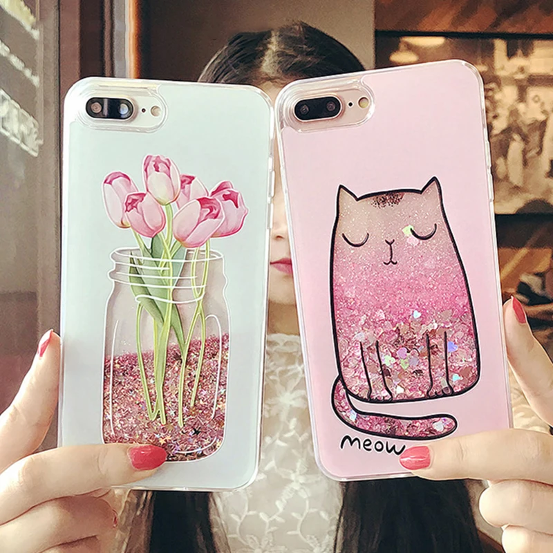 

Glitter Love Heart Dynamic Liquid Quicksand Phone Case For iPhone X 8 7 6 6S Plus Flower Flamingo Cartoon Soft TPU Back Covers