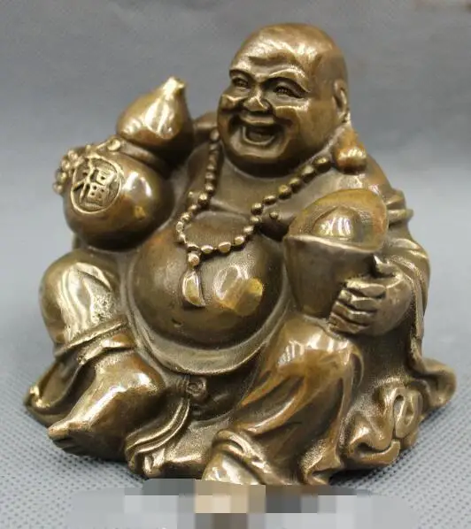 

S1365 Chinese Bronze Copper Happy Laugh Maitreya Buddha Hold Fu Gourd YuanBao Statue