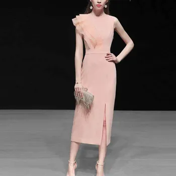 

Summer 2019 Dress Sexy Celebrity Ruffles O Neck Slit Women Pink Sleeveless Bandage Night Club Body con Party Dresses Wholesale