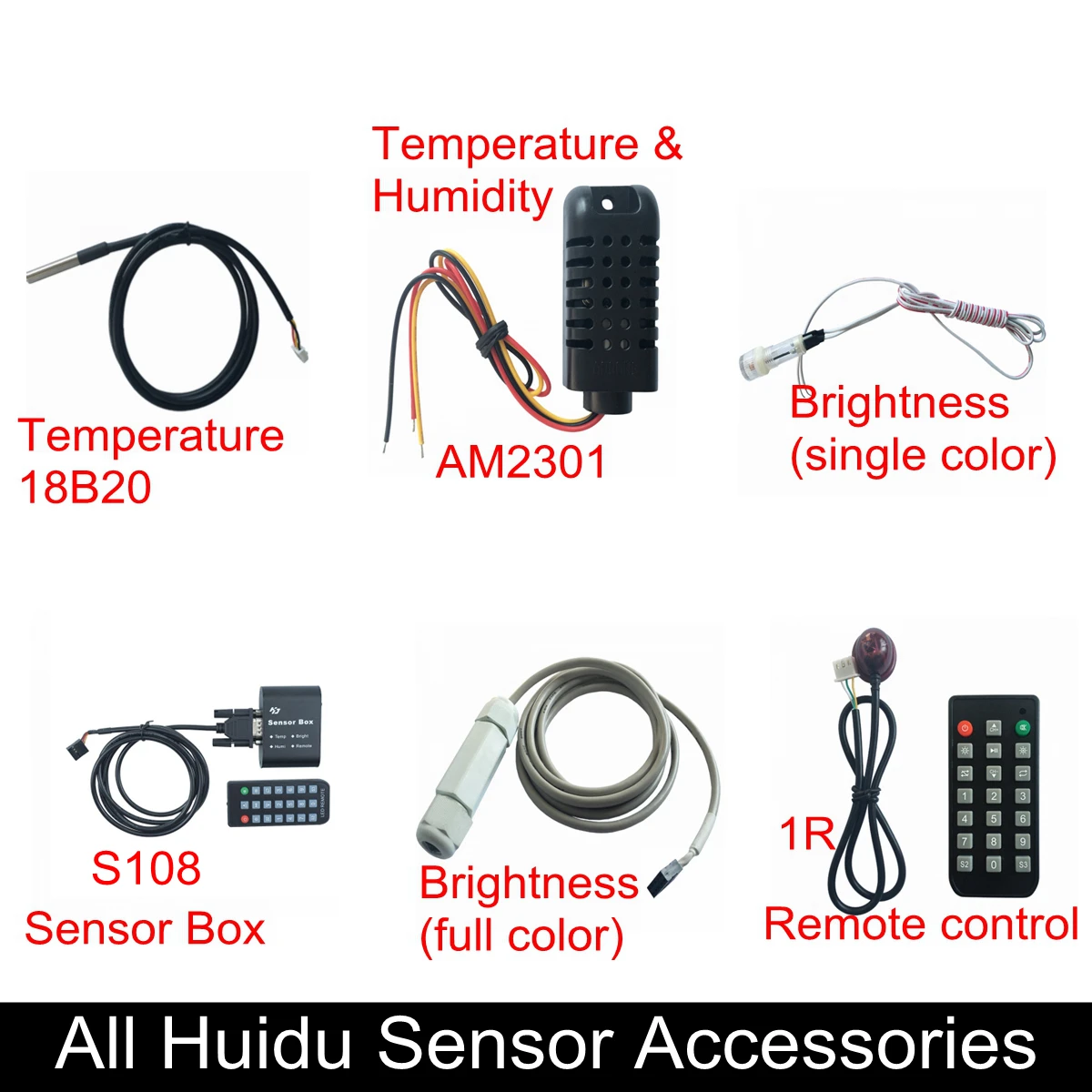 

Huidu Sensors Temperature 18B20,Temperature & Humidity Sensor AM2301,Single/RGB Brightness Sensor, Sensor Box,1R remote