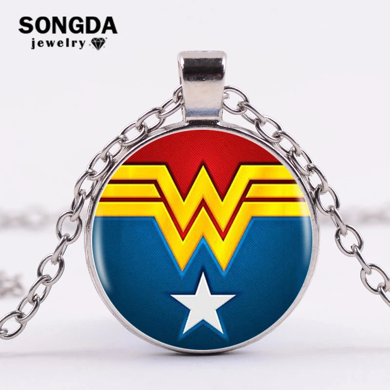 

SONGDA Hippie Style Wonder Woman Anime Necklace Justice League Cool Shield Glass Cabochon Pendant Long Chain Necklace for Women
