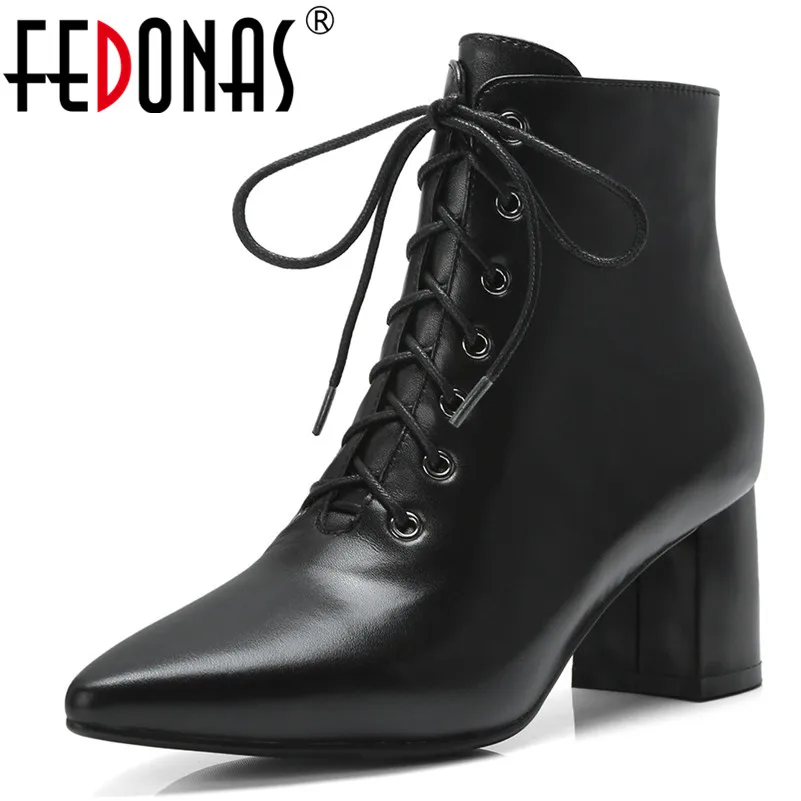 

FEDONAS 1New Women Ankle Boots Autumn Winter Warm Genuine Leather High Heels Shoes Woman Cross-tied Casual Quality Basic Boots