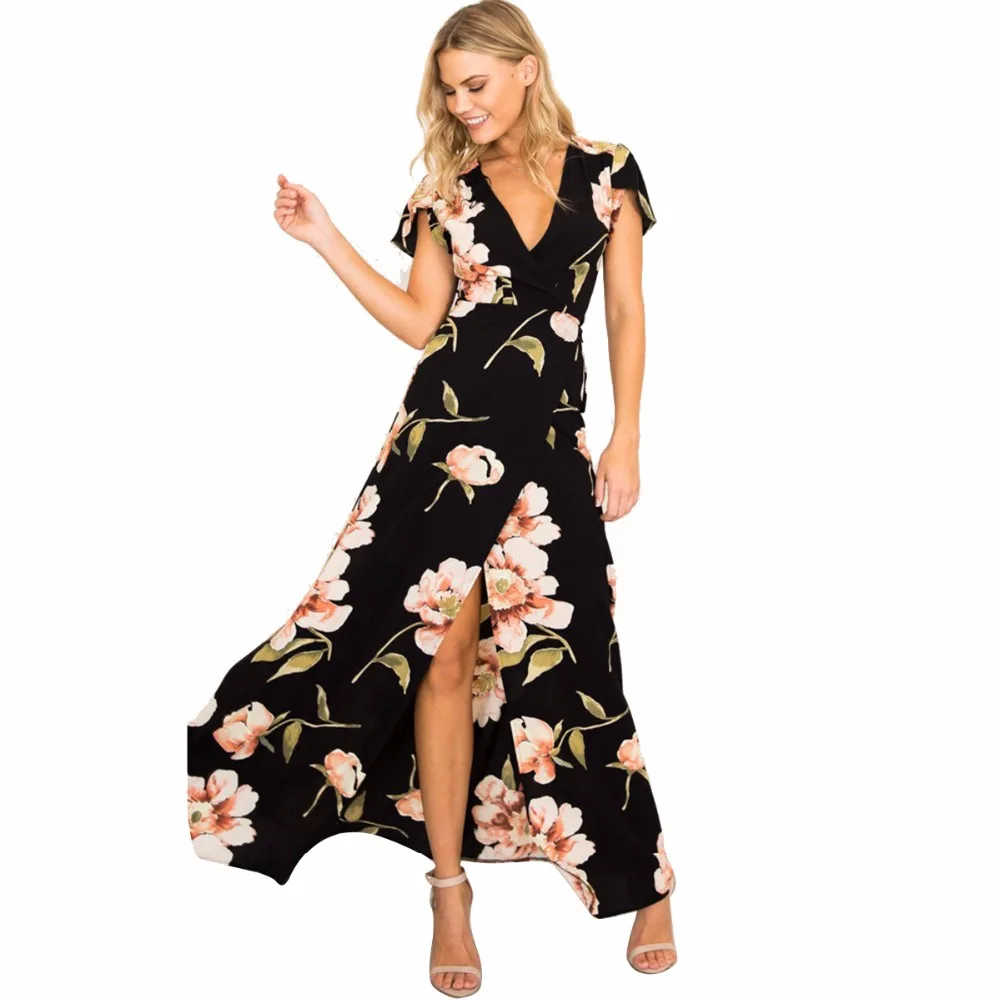 

Long FPuseky loral Maxi Dress Long Dressess Elegant Beach black Floral Print Short Sleeve v neck A Line summer dress