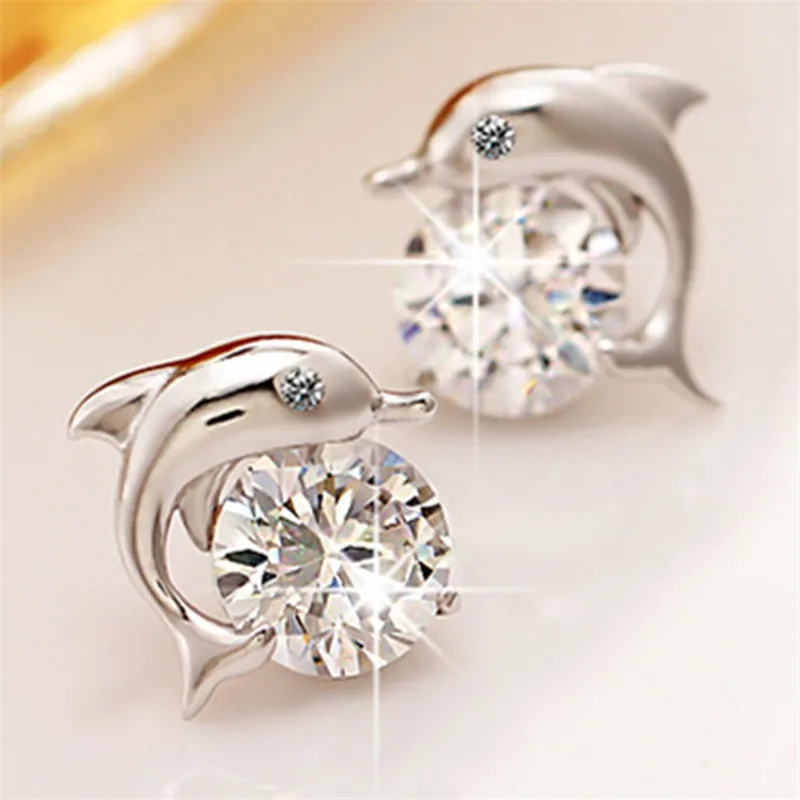 Cute Dolphin Stud Earrings 925 Sterling Silver Rhinestone Cute Dolphin Stud Earrings 925 Sterling Silver Rhinestone For Women Lady Party Wedding Jewelry Whole Ear 0076 In From
