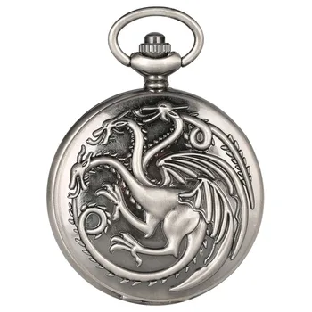 

Hot Selling Game of Thrones Theme Quartz Pocket Watch Three Heads Dragon Display Full Hunter Clock Retro Grey Necklace Chain