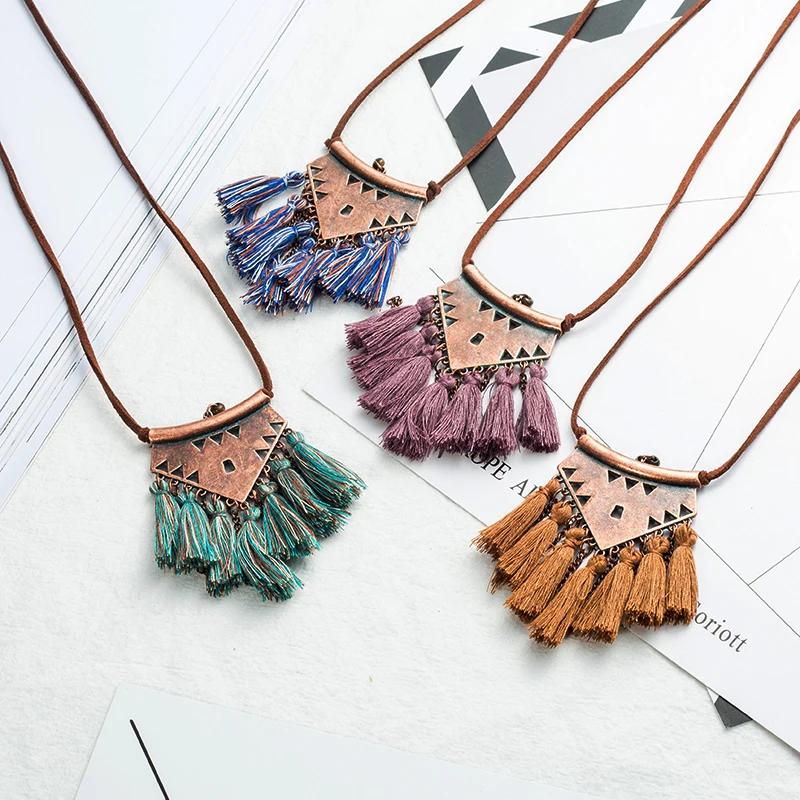2018 Boho чешские Этническая кожа веревку цепи кисточкой кулон Цепочки и ожерелья
