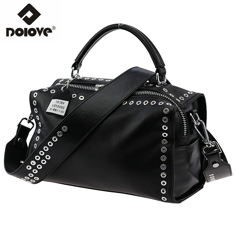 

DOLOVE 2019 Fashion New Style Women's Bag, Genuine Leather Messenger Bag, One Shoulder Diagonal Rivet Portable Boston handbags