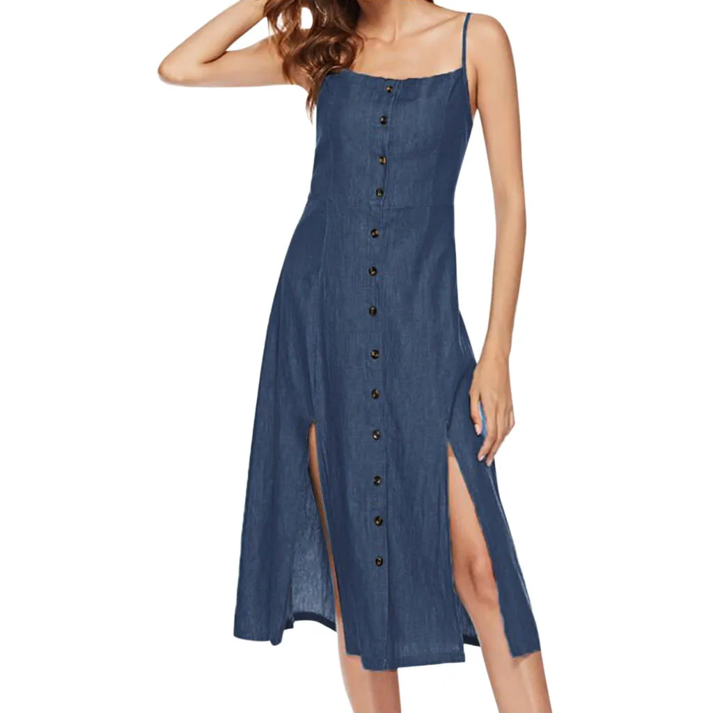 

Spaghetti Strap Button Split Ends Dress Womens Vintage Solid Sleeveless Strappy Summer Beach Cowboy Swing Camis Dress