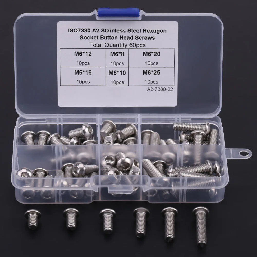 

60Pcs M6 Stainless Steel Hex Socket Button Head Screws Fasteners Accessories