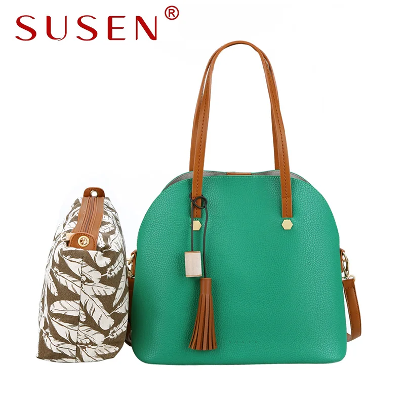 SUSEN 2157 Women Shell Shoulder Bag 2pcs set with Canvas small bag Cross body bag tassel zipper