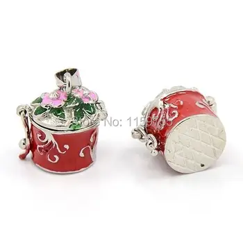 

25pcs Brass Enamel Prayer Box Pendants Photo Locket Jewelry Column Red