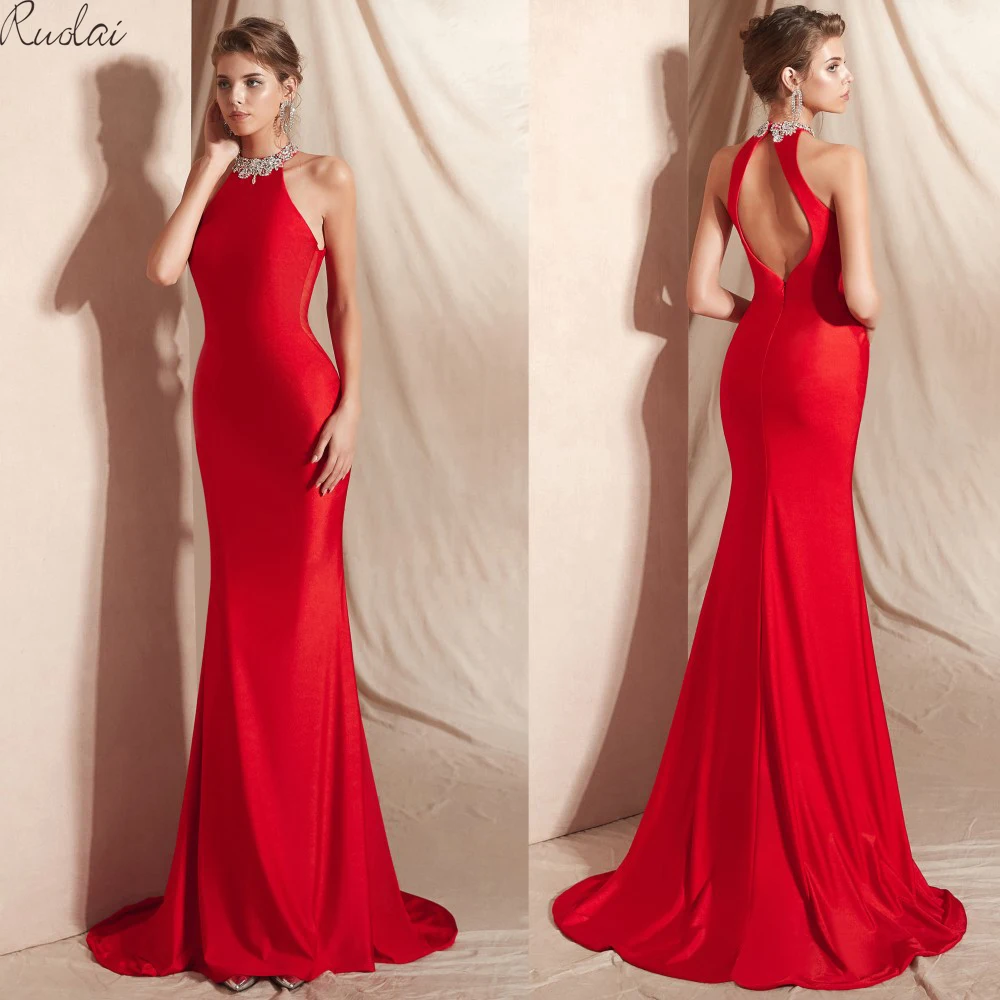 Elegant Mermaid Evening Dresses Long 2019 Halter Crystal Sleeveless Red Evening Gowns For Women Evening Dress Prom Dresses