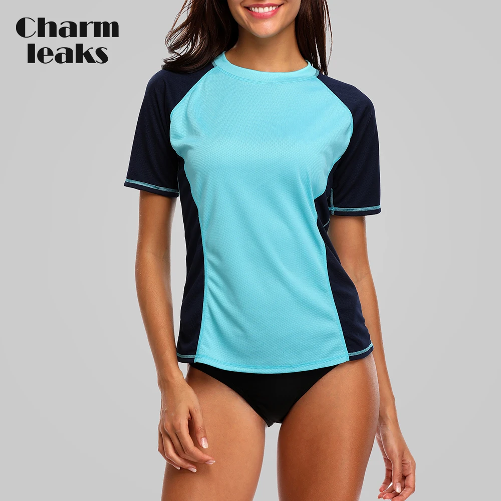 Women Short Sleeve Dry-Fit Shirts Rashguard Swimwear Colorblock Top Running Biking