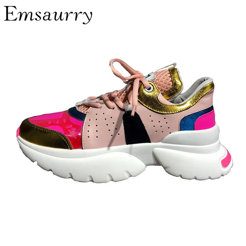 

New Spring Mixed Color Casual Sneakers Women Flat Platform Real Leather Air Mesh Lace-up Trainers Walking Shoes Woman