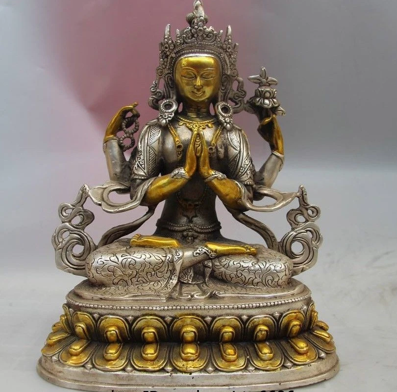 

8 Tibet Buddhism White Copper Silver Four-armed Avalokitesvara Kwan-yin Guanyin