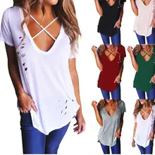 Новинка, летняя женская футболка, сексуальная, с отверстиями, v-образный вырез, крест, рваная футболка, повязки, топы, базовая футболка, женская, женская, S-XXL, новинка