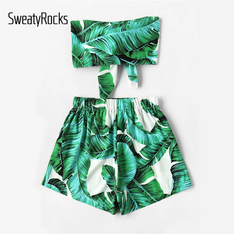 SweatyRocks лист печати случайный галстук-бабочка укороченный Топ бандо с шортами для женщин зеленый без бретелек без рукавов сексуальный пляжный комплект из двух предметов