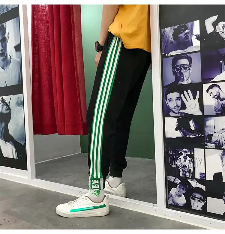 Японский стиль хип-хоп мужские длинные Лоскутные Светоотражающие спортивные брюки джоггеры эластичный пояс Боковые Полосатые спортивные брюки