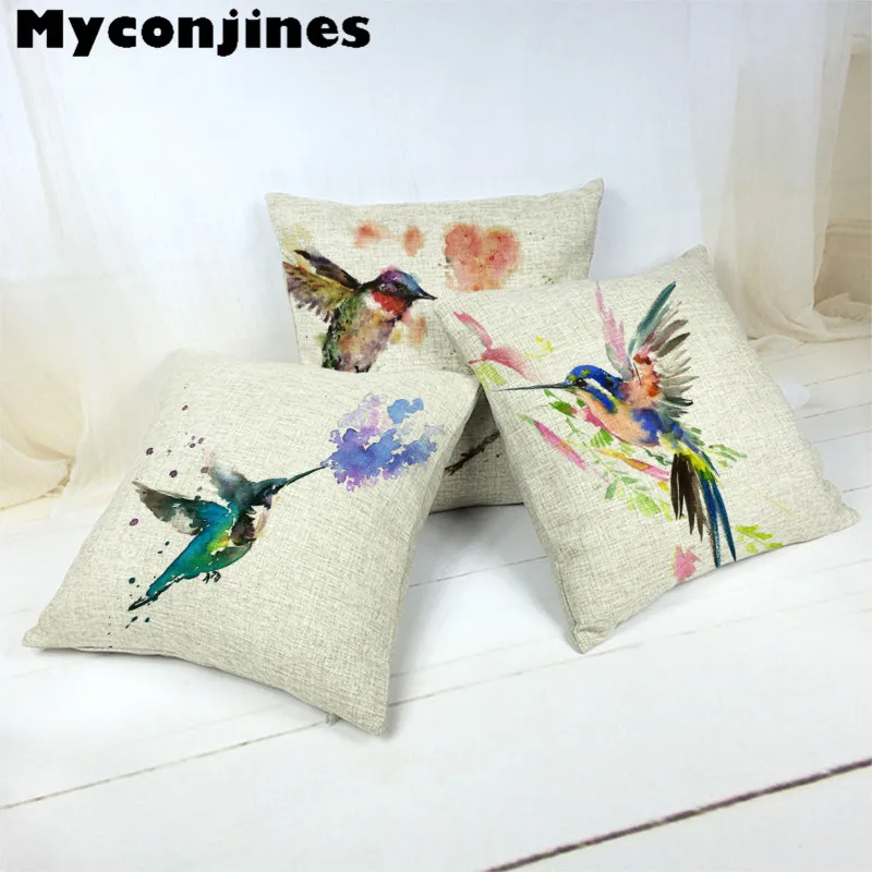 

Watercolor Design Animal Hummingbirds Cushion Case Tropical Throw Pillow 30*50Cm 45*45Cm Home Sofa Car Decorate Lumbar Pillow