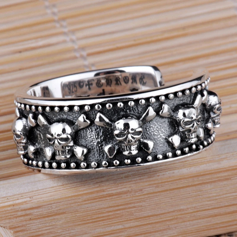 

S925 Sterling Silver Skeleton Open Rings Width 8mm Punk Vintage Skull Adjustable Ring for Male Men Fine Jewelry Birthday Gifts