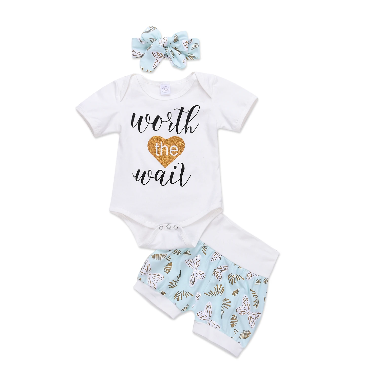 2018 Newborn Baby Girls Short Sleeves Bodysuit Worth Wait Sunsuit Playsuit+Pants Shorts Outfit