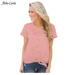 Женская Свободная блузка короткий рукав с v-образным вырезом на пуговицах с завязкой спереди узел блузка Повседневное розовый цвет: черный