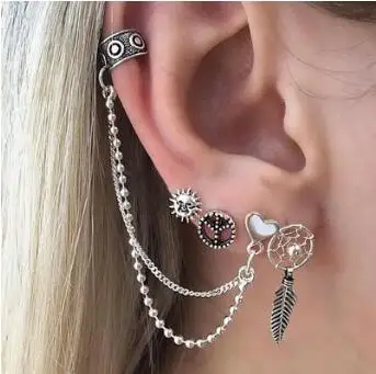 

4 pcs/Set Stud Earrings Set Antique Silver Color Sun Heart Leaves Hollow Round Earring Women Double Chain Ear Cuff Clip Jewelry