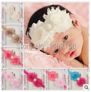 

New girls headbands Chiffon Shabby Flowers Double Rose Flower With CZ Diamond hairwear children kids hair accessories