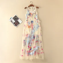 Luxury Ladies Dresses 2017 Summer Top Fashion Sleeveless Mesh Hollow Out Elegant Flowers Embroidery O-Neck Slim Dress With Line