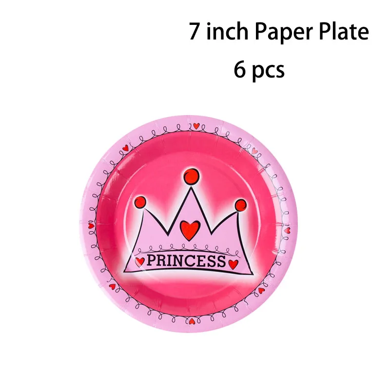 Розовая корона для принцессы тема одноразовая посуда бумажные тарелки салфетки стакан с соломинкой детский душ День Рождения украшения принадлежности - Цвет: 7 inch plate 6 Pcs