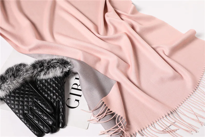 Шарф в двух цветах, зимний шарф для женщин, толстые теплые шали и палантины, однотонные кашемировые шарфы, двухсторонние удобные кисточки из пашмины